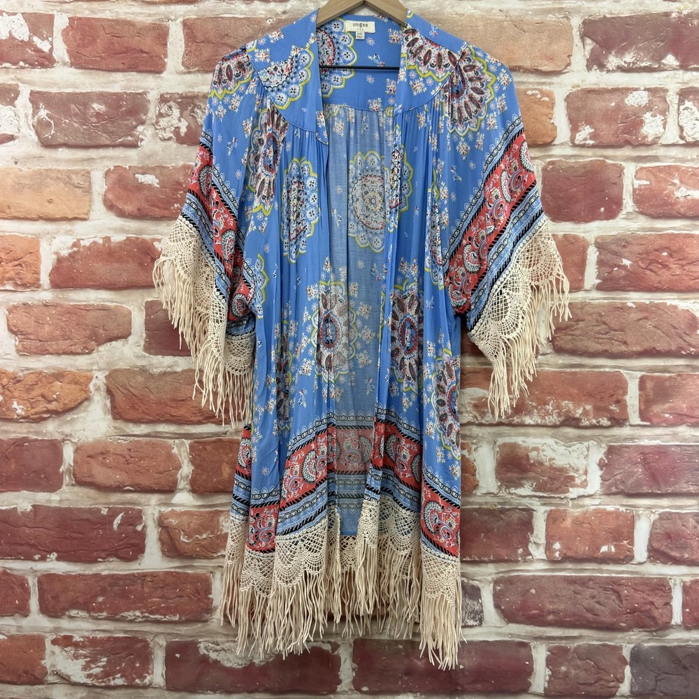 Umgee Kimono Top Womens S/M Blue Boho Medallion Crochet Lace Fringe Shirt Topper